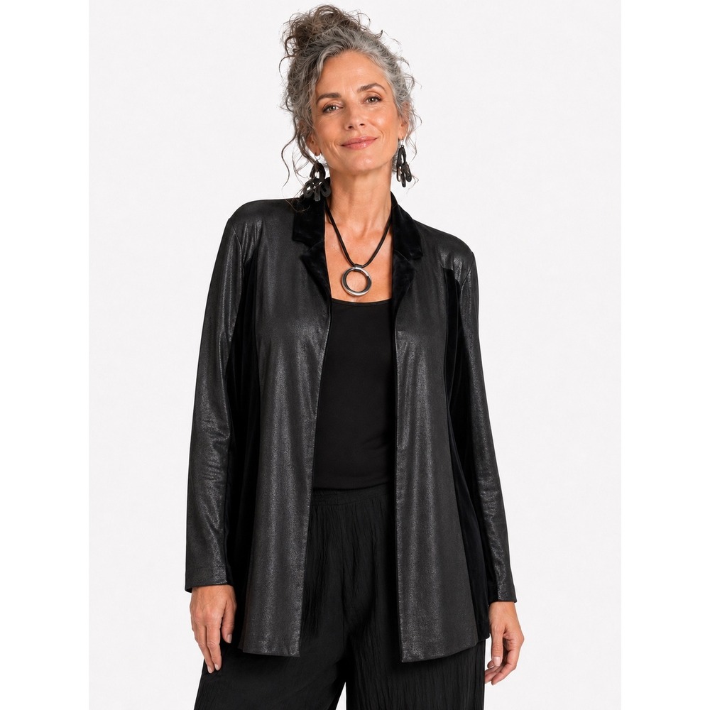 Chico's Travelers Black Metallic Faux Leather Mixed Media Open Front Jacket 1 M